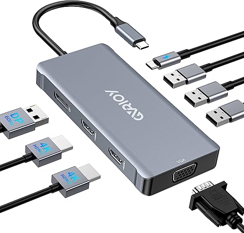 Adaptador USB C a HDMI dual, estación de acoplamiento de múltiples pantallas, monitor dual con 2 HDMI, Displayport, VGA, 100 W PD, 3 puertos USB,