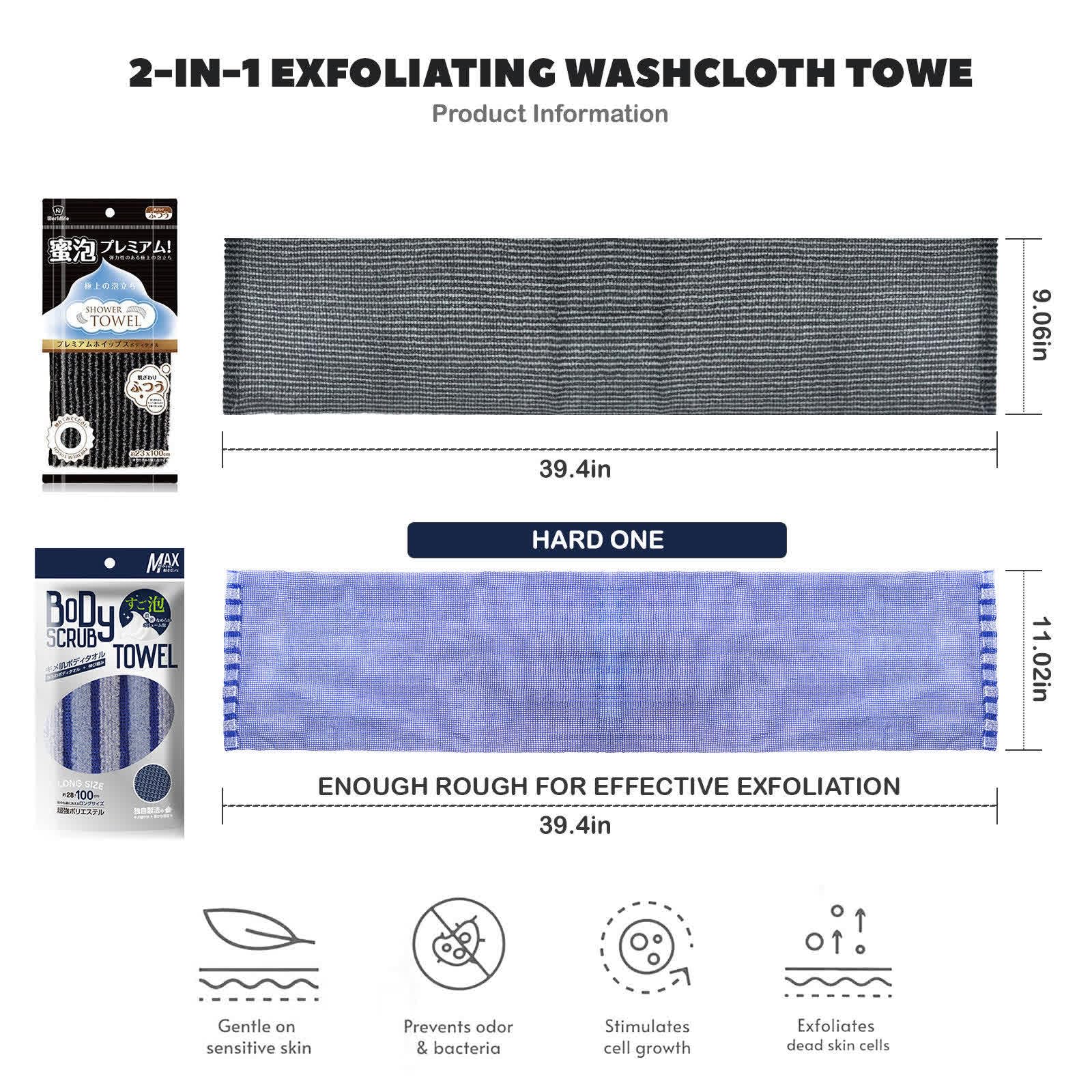 ANWEIXUE 2 Pcs Japanese Back Scrubber Set - Widening Double-Sided Exfoliating Shower Towel, Natural Exfoliation, For All Skin Types - Image 2