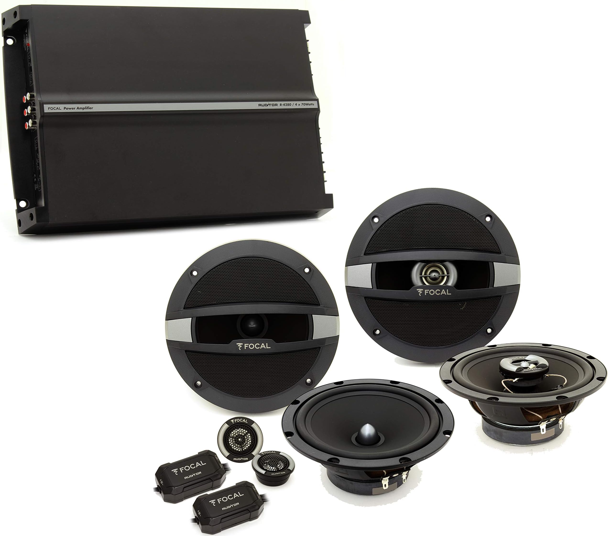 Focal 3pkg Auditor R-165S2 6.5" 120W RMS 2-Way Component Speaker System Auditor R-165C 6.5" 120W RMS 2-Way Coaxial Speakers R-4280 4-Channel 560 Watts Max Amplifier