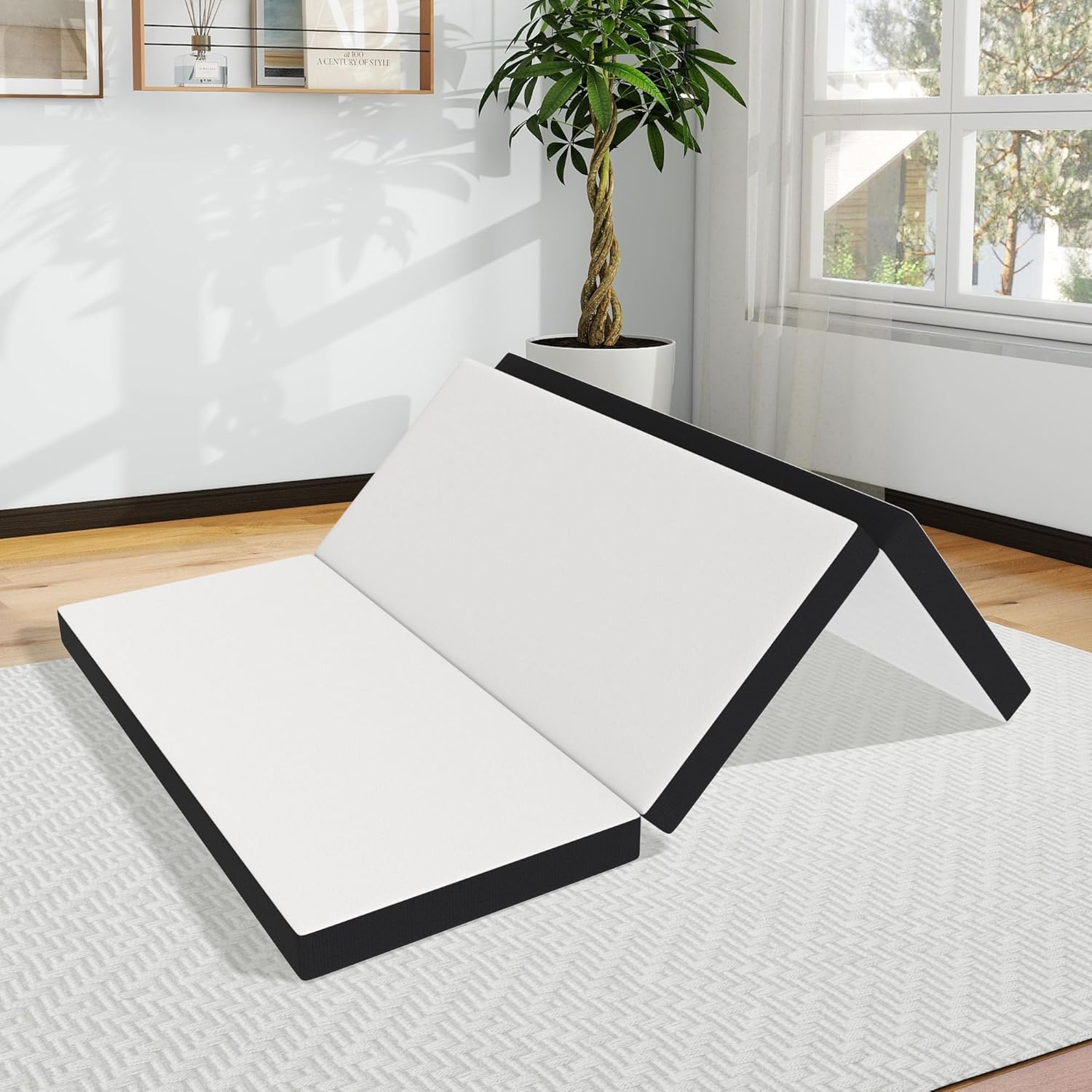 4 Inch Tri-Fold Memory Foam Mattress Topper, Queen Size, Medium Firm, Gel Infused, Washable Cover, Foldable, Cooling, Pressure Relief