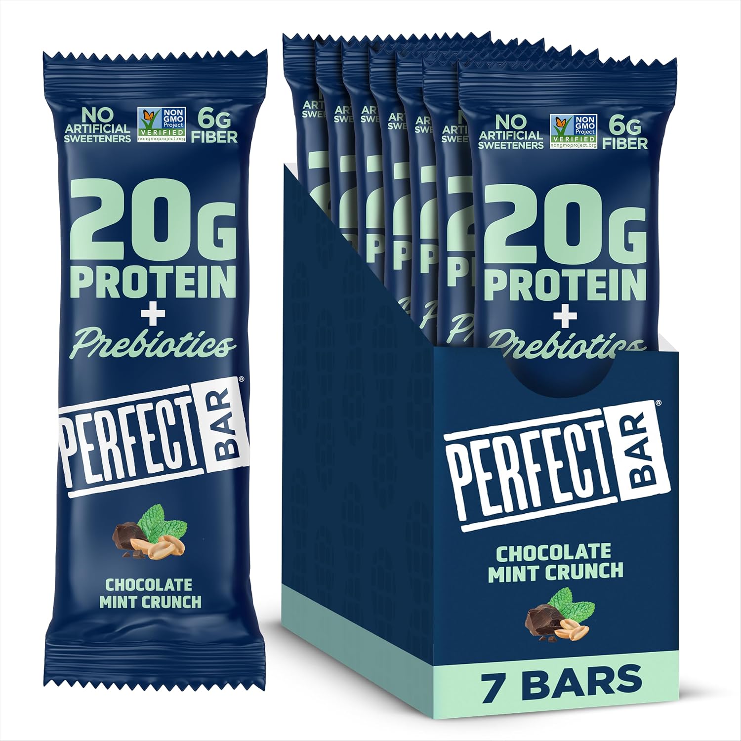 Perfect Bar Protein + Prebiotics Chocolate Mint Protein Bar, 20g Protein, Grass-Fed Whey, 6g Fiber With 3g Prebiotics, Gluten-Free, Non-GMO, 2.4 Ounce Bar, 7 Count