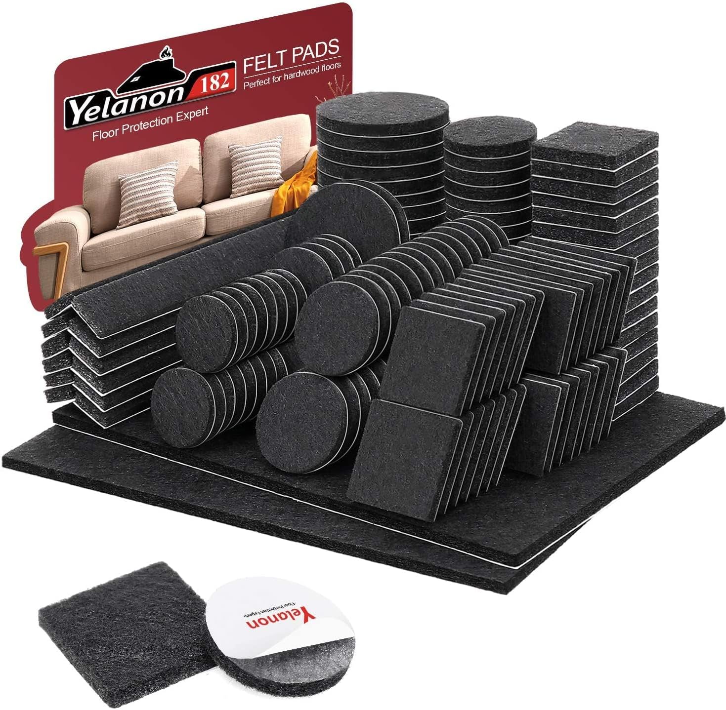 Yelanon Felt Furniture Pads -182 Pcs Furniture Pads Self Adhesive, Felt Chair Pads, Anti Scratch Floor Protectors for Furniture Feet Chair Legs, Furniture Felt Pads for Hardwoods Floors, Black