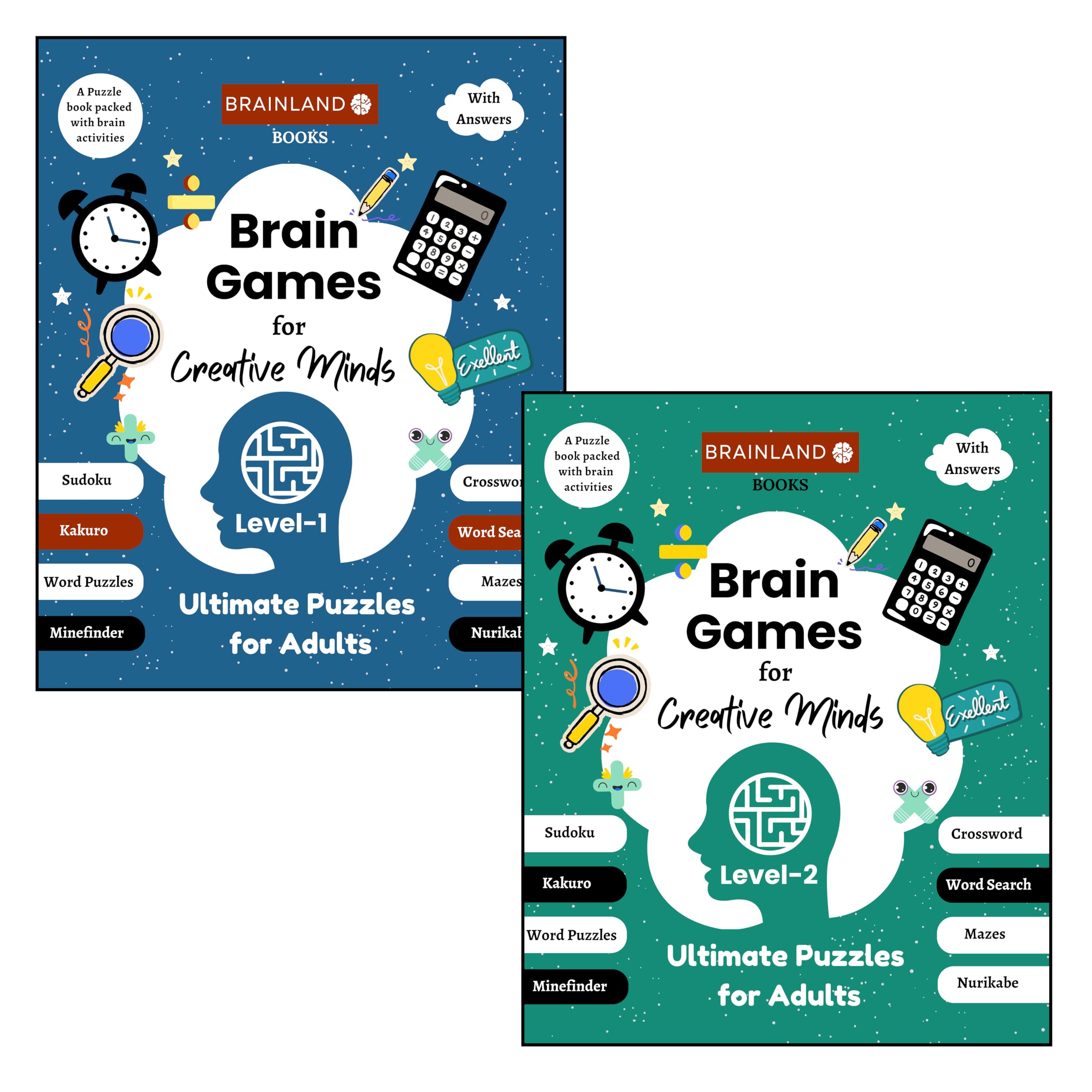 Brain Games for Creative Minds - Ultimate Puzzles for Adults - Level-1 & 2 - Sudoku, Kakuro, Crosswords, Word Search, Mazes, Logic & Number Games, Mind Relaxing Games for Adults