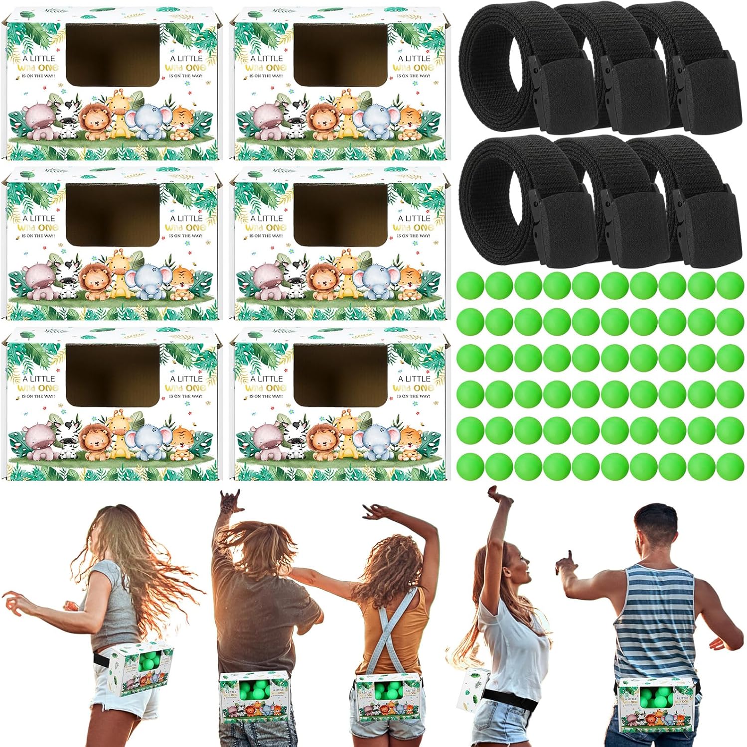 Civaner 6 Set Safari Baby Shower Game Jungle Animal Swing Shaking Balls Activity Set for Adult Family Novelty Twerk 60 Balls, Ribbon, Cardboard Boxes Forest Baby Shower Party Game for Outdoor Indoor