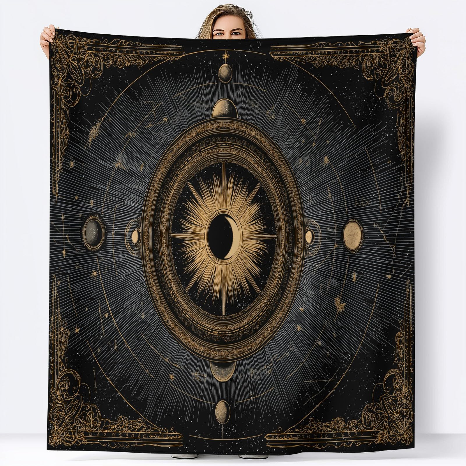 Fantasy Art Narzuta na łóżko, słońce, księżyc, gwiazdy, złote linie, pościel z nadrukiem, 221 x 239 cm, super miękki flanelowy koc na łóżko, lekki, puszysty, pluszowy, puszysty, na sofę i podróż, 220