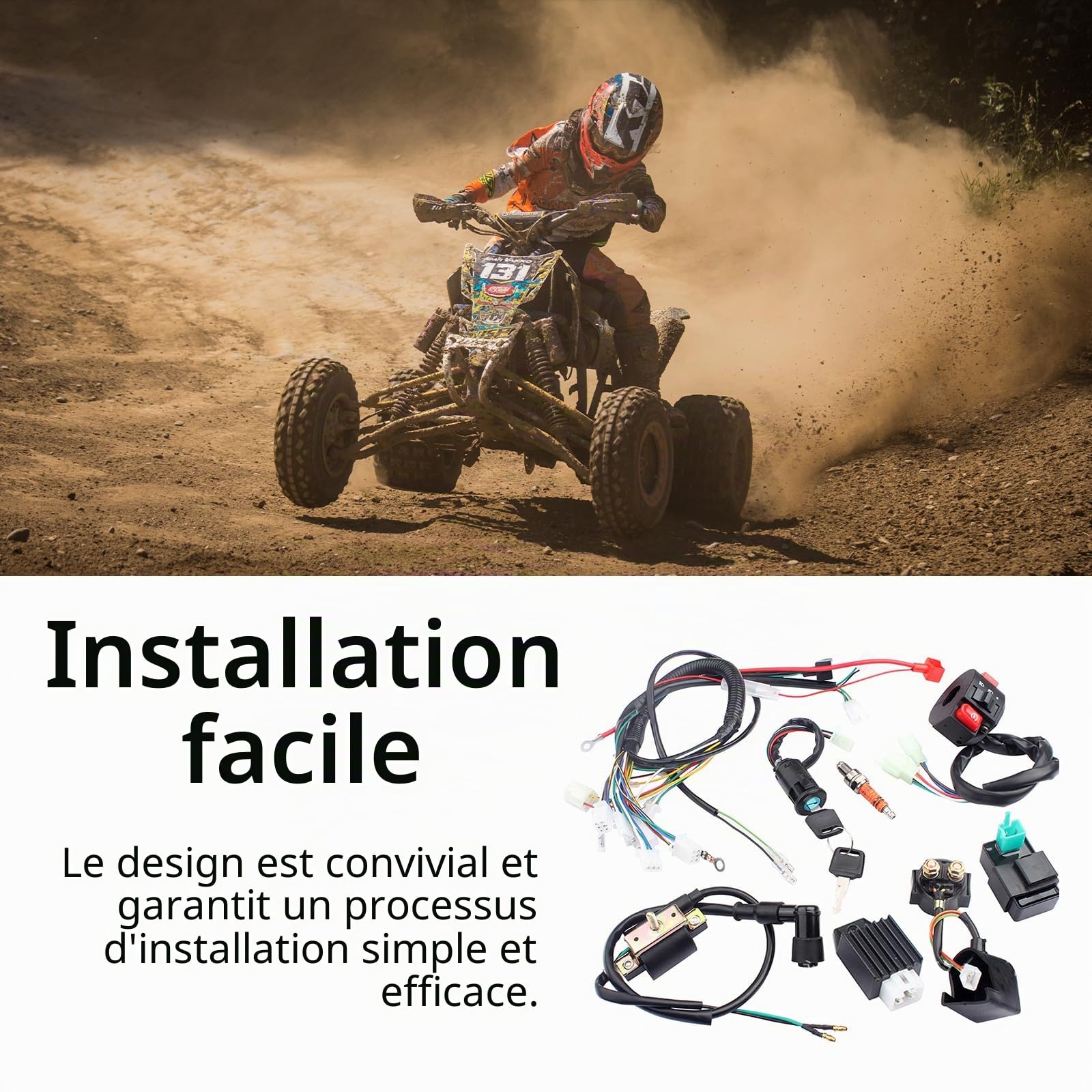 Kit complet de faisceau de câbles pour 50-125 cc ATV/Quad/moto, serrure d'allumage avec clé CDI Bobine d'allumage Relais Régulateur Interrupteur Bougie d'allumage Quad Remplacement pour Dirt Bike