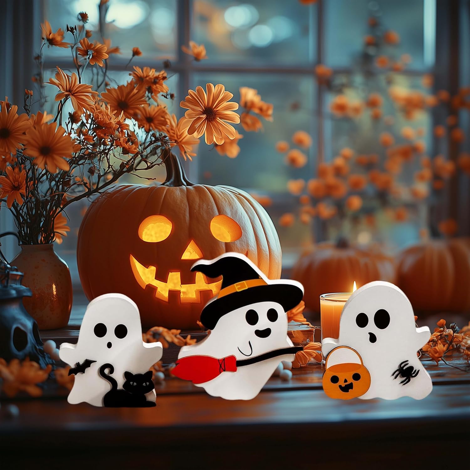 Halloween Wooden Tiered Tray Decor Set of 3 Cute Ghost, Pumpkin