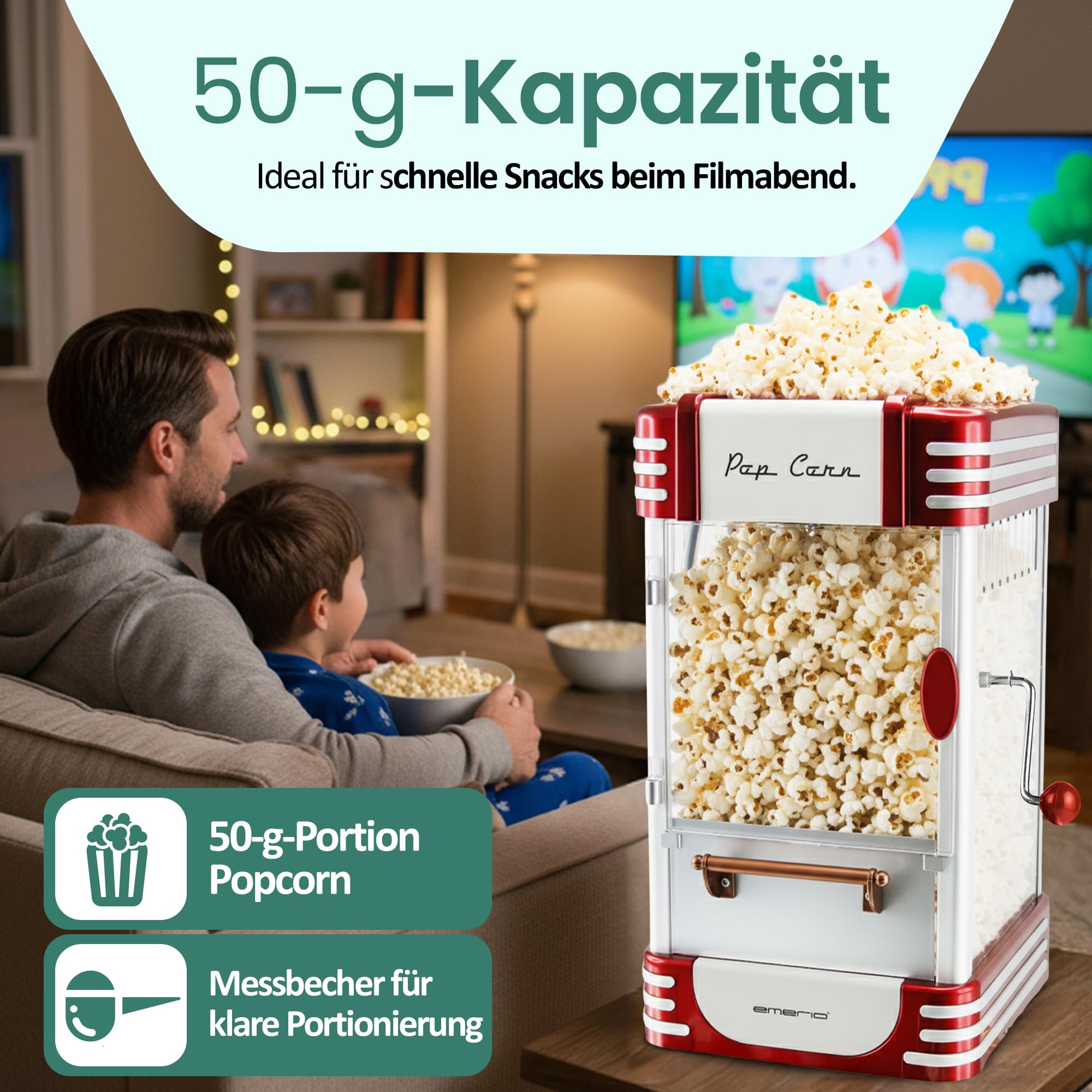 Emerio Popcornmaschine POM-120650, antihaftbeschichteter Behälter auch für süßes oder salziges Popcorn geeignet, 360 Watt, groß