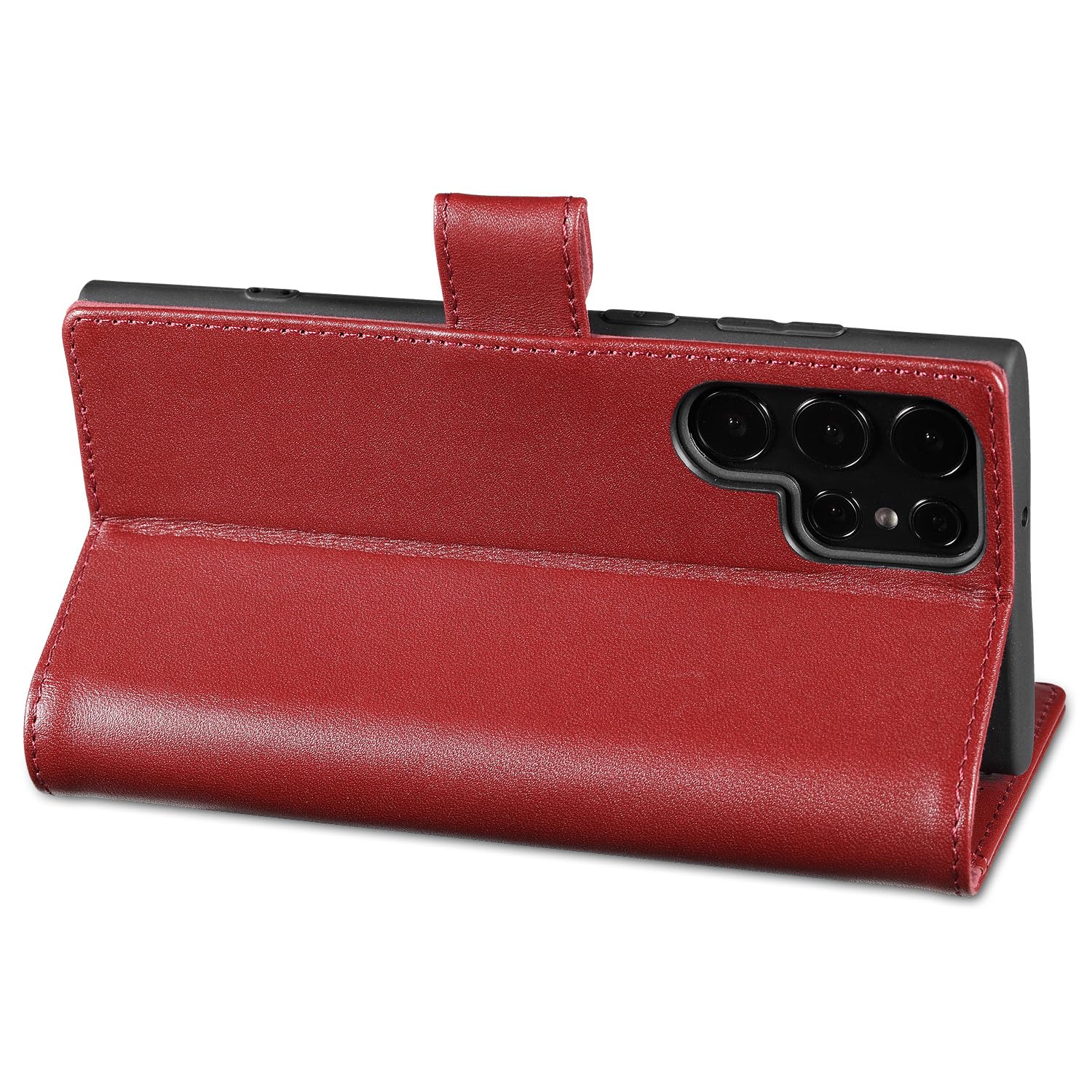 LENSUN Funda Samsung Galaxy S22 Ultra 5G, Carcasa Cuero Genuino [Bloqueo RFID] Tapa Cierre Magnetico y Ranuras para Tarjetas Cartera Libro Protección para Samsung S22 Ultra 5G-Rojo Vino
