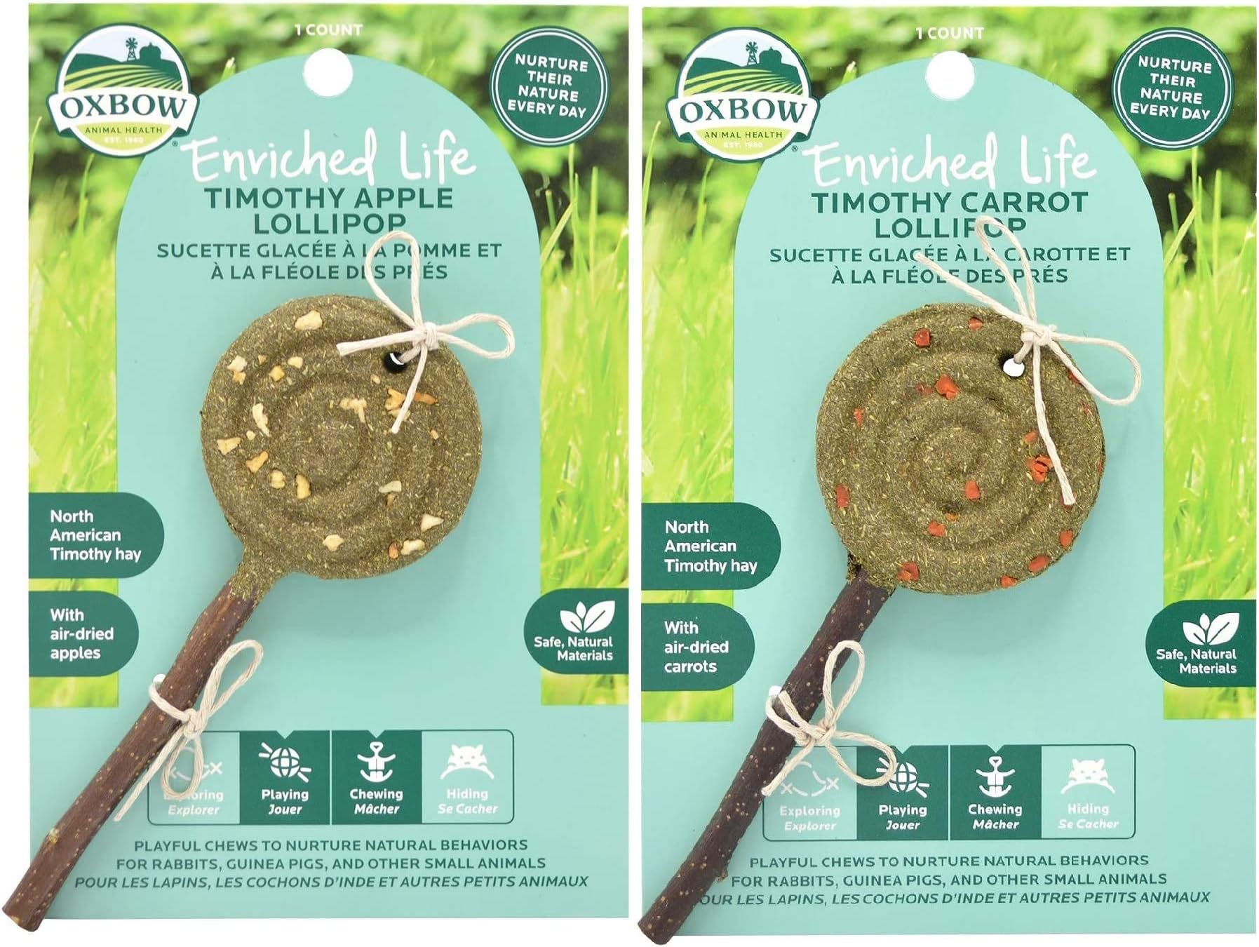 Animal Health Bundle of 2 Enriched Life Timothy =Lollipop Small Animal Chew Treats: Apple and Carrot