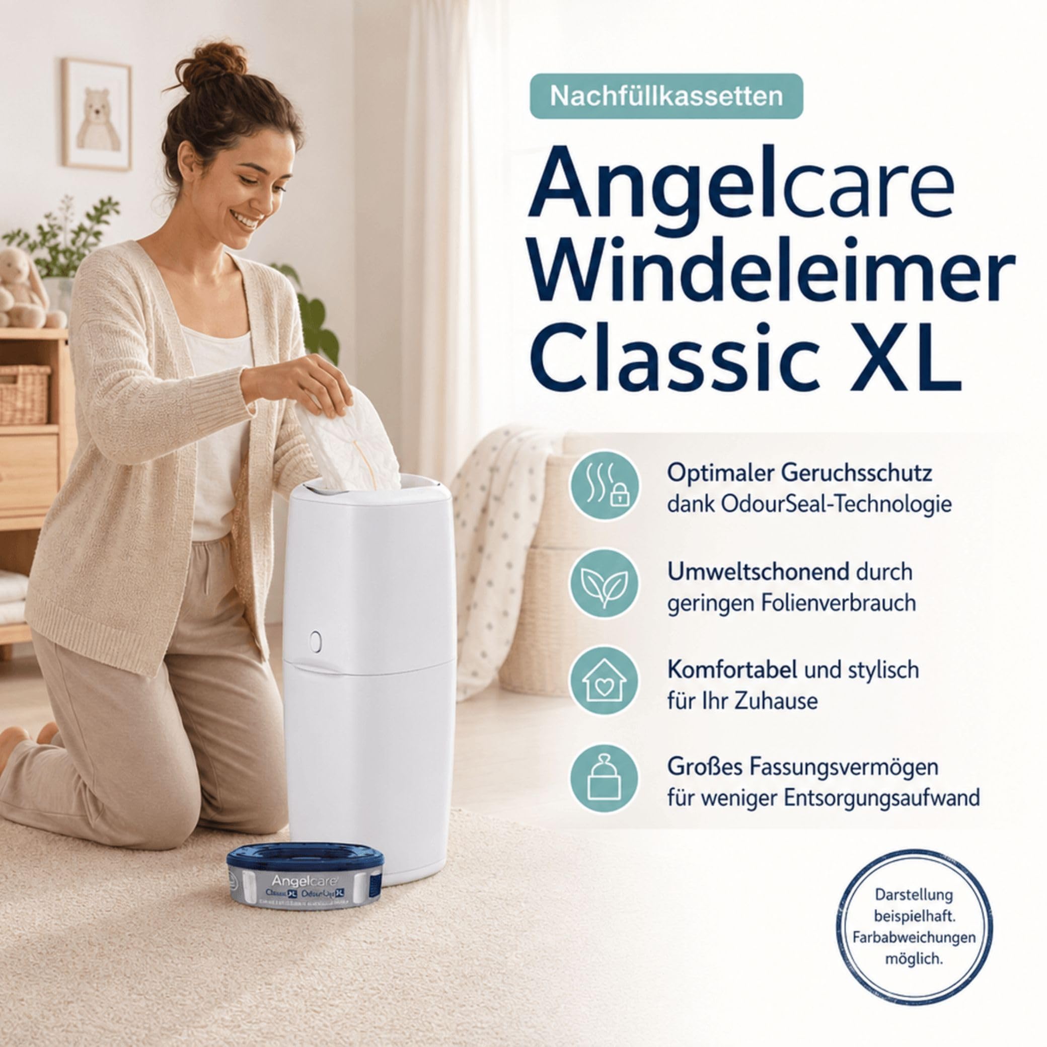 Kinderhaus Blaubär Angelcare Windeleimer Classic XL | komfortabel | Nachfüllkassette mit optimalen Geruchsschutz | 7-schichtige antibakterielle Folie | Fassungsvermögen bis zu 57 Windeln