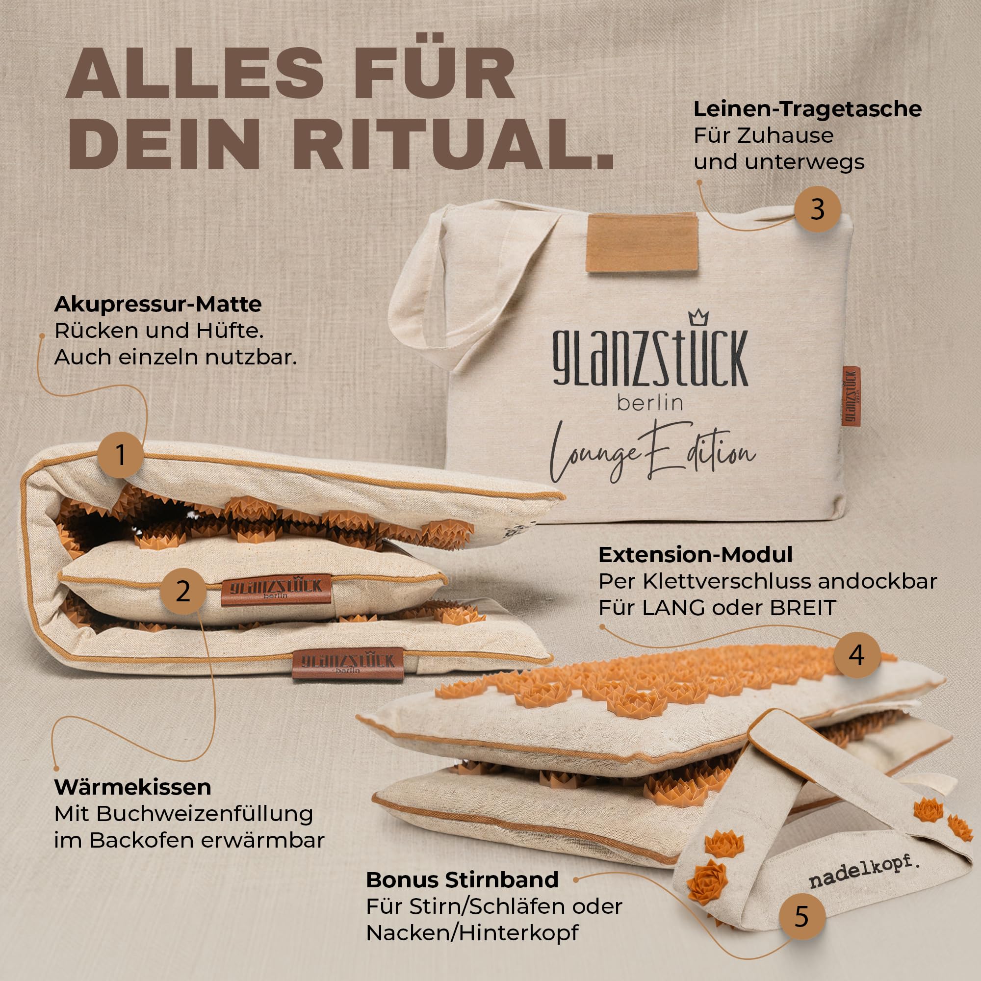 Glanzstück Berlin® Akupressurmatte XXL Lounge Edition – Set mit Hauptmatte 72 × 42 cm, 2 Modulen à 18 × 42 cm, Kissen & Tasche, ca. 9.350 Blütenspitzen für den Ganzkörper