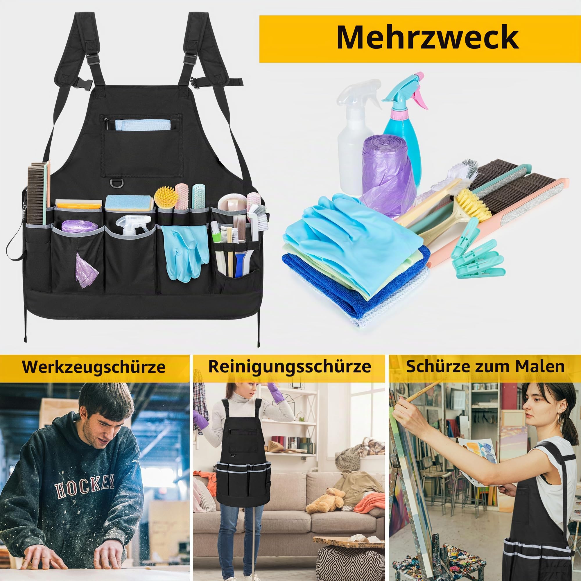 Rexmica Reinigungsschürze für die Hauswirtschaft, Wasserabweisende Hausputzschürze mit mehreren Taschen für Damen und Herren, Verstellbare Arbeitsschürze mit Gürtel für Reinigung, Schwarz