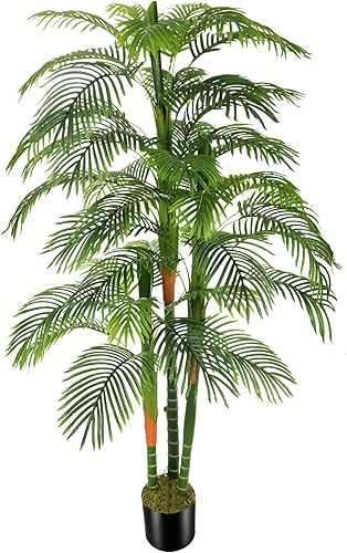 Palmera artificial de caña dorada de 6 pies (72 pulgadas) con 3 troncos de imitación de árbol y maceta de plástico, planta falsa para oficina, casa,