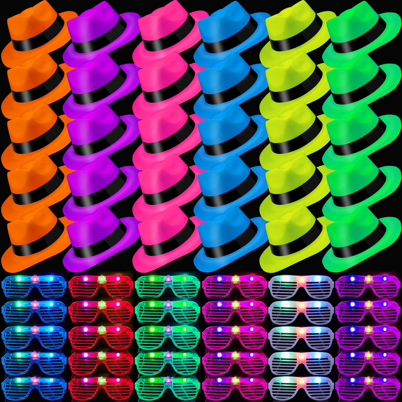 Lot de 60 chapeaux de fête néon avec 30 lunettes lumineuses à DEL en plastique de couleur fluo pour fête des années 80