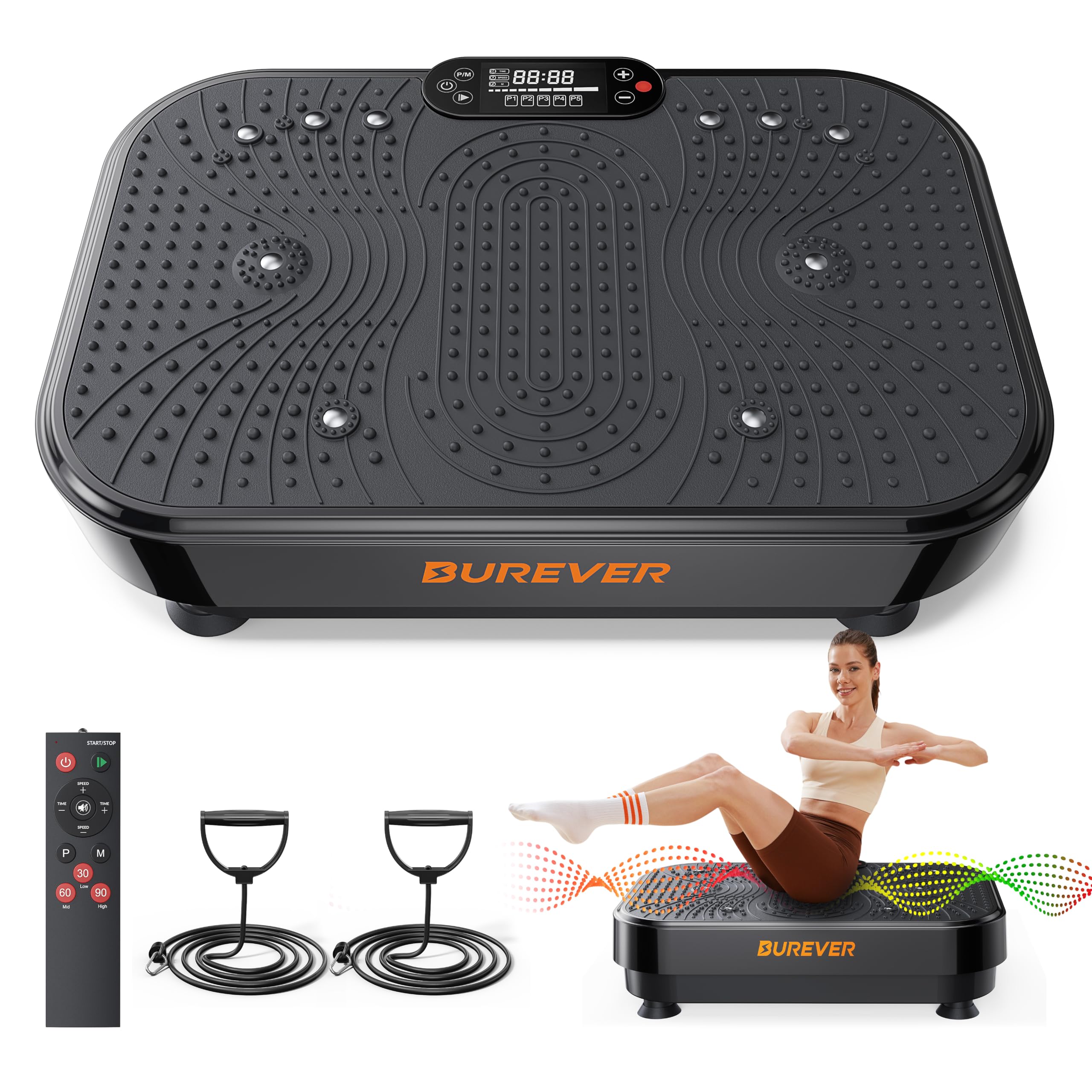 Vibration Plate Exercise Machine, Burever 150W Vibrating Plate for Lymphatic Drainage & Shaping with Silent Foot Massage, 99 Adjustable Speeds Levels, 5 Auto modes Remote Control & Resistance Bands