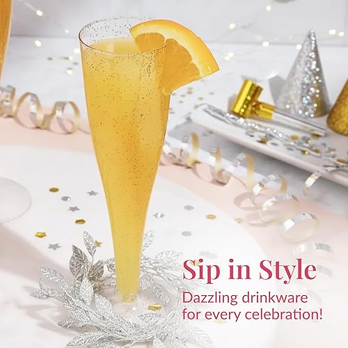 Vista 42 de Prestee Paquete de 48 copas de champán desechables de plástico, copas de flauta con purpurina dorada para champán, barra de mimosa, suministros