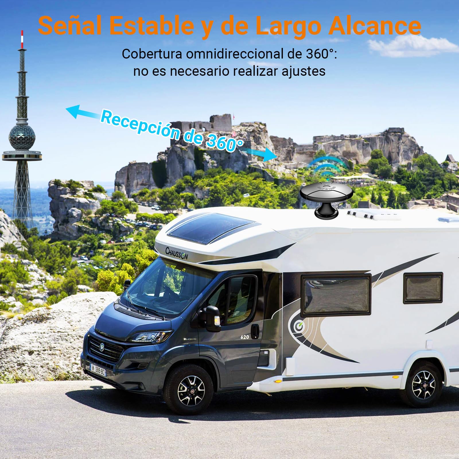 Antena TV para Caravana, Antena TV Digital Inteligente HD para Exterior, Recepción 360°, Recepción Gratuita de Canales Locales, Cable 5m, 4 Tornillos, para Ático, Exterior, Casa, Caravana y Camión