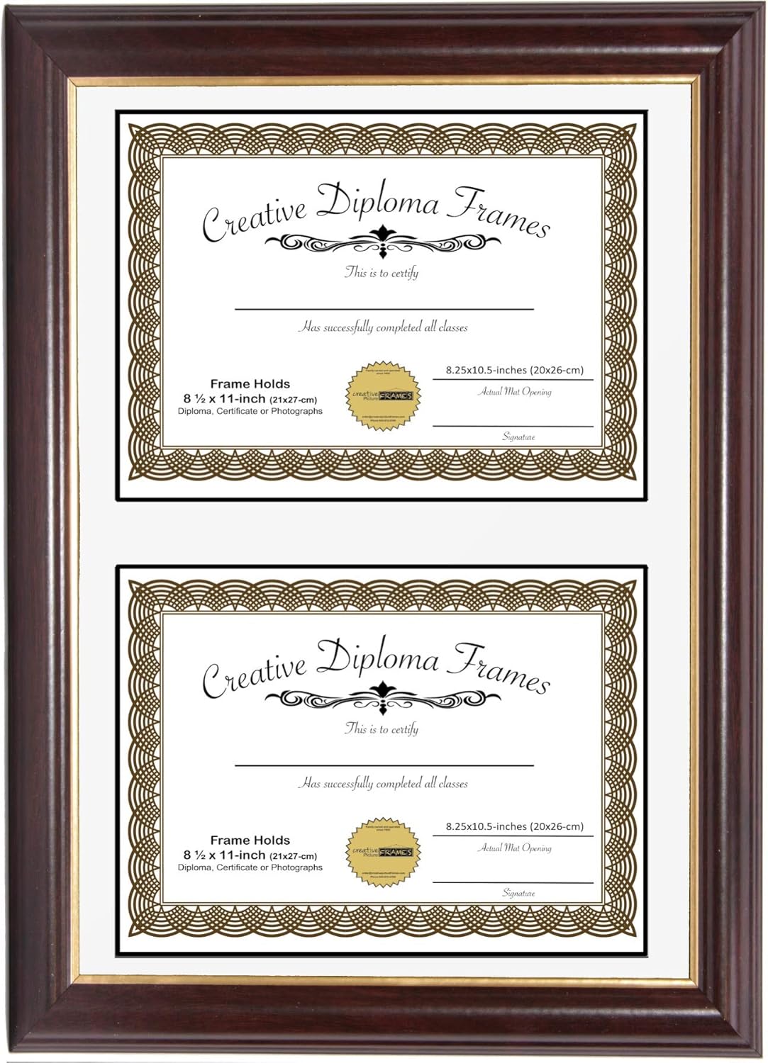 Creative Picture Frames 14x20 Mahogany Finish Gold Rim Double Diploma Frame with White Matting Holds Two 8.5 x 11 -inch Media and Installed Wall Hangers
