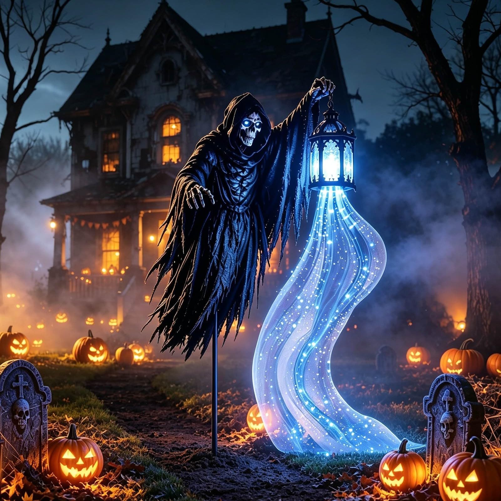 Halloween Decorations Outdoor, Solar Yard Decor with Glowing Ghost and Lantern Grim Reaper Animated Garden Light Scary Skeleton Stake Projector for Front Yard, Porch & Walkway