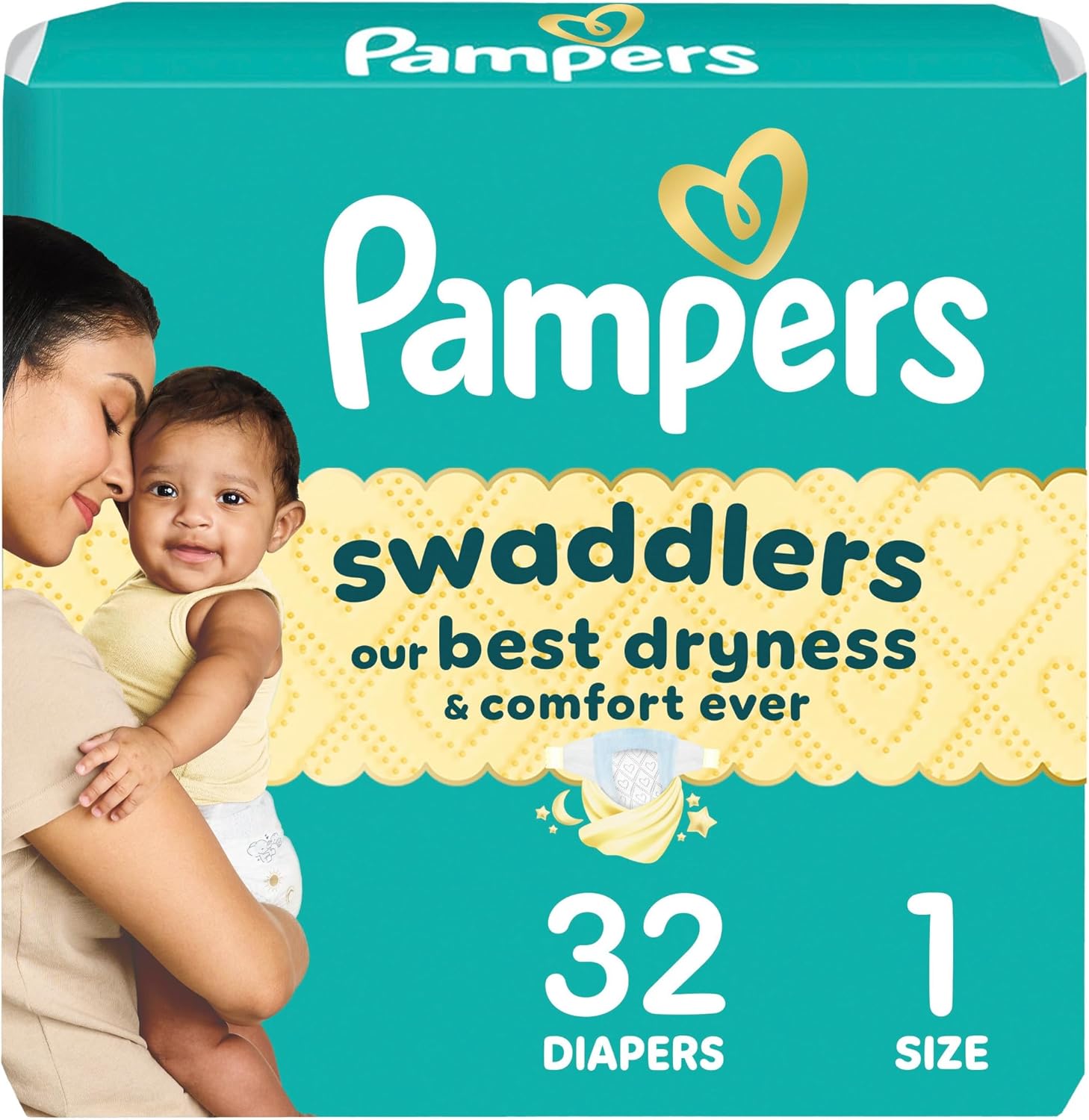 Pampers Swaddlers Diapers, Size 1 (8-14 lbs), 32 Count, Absorbent, Keeps Baby Dry and Comfortable, Skin Safe Disposable Baby Diaper (Packaging May Vary) Size 1 32