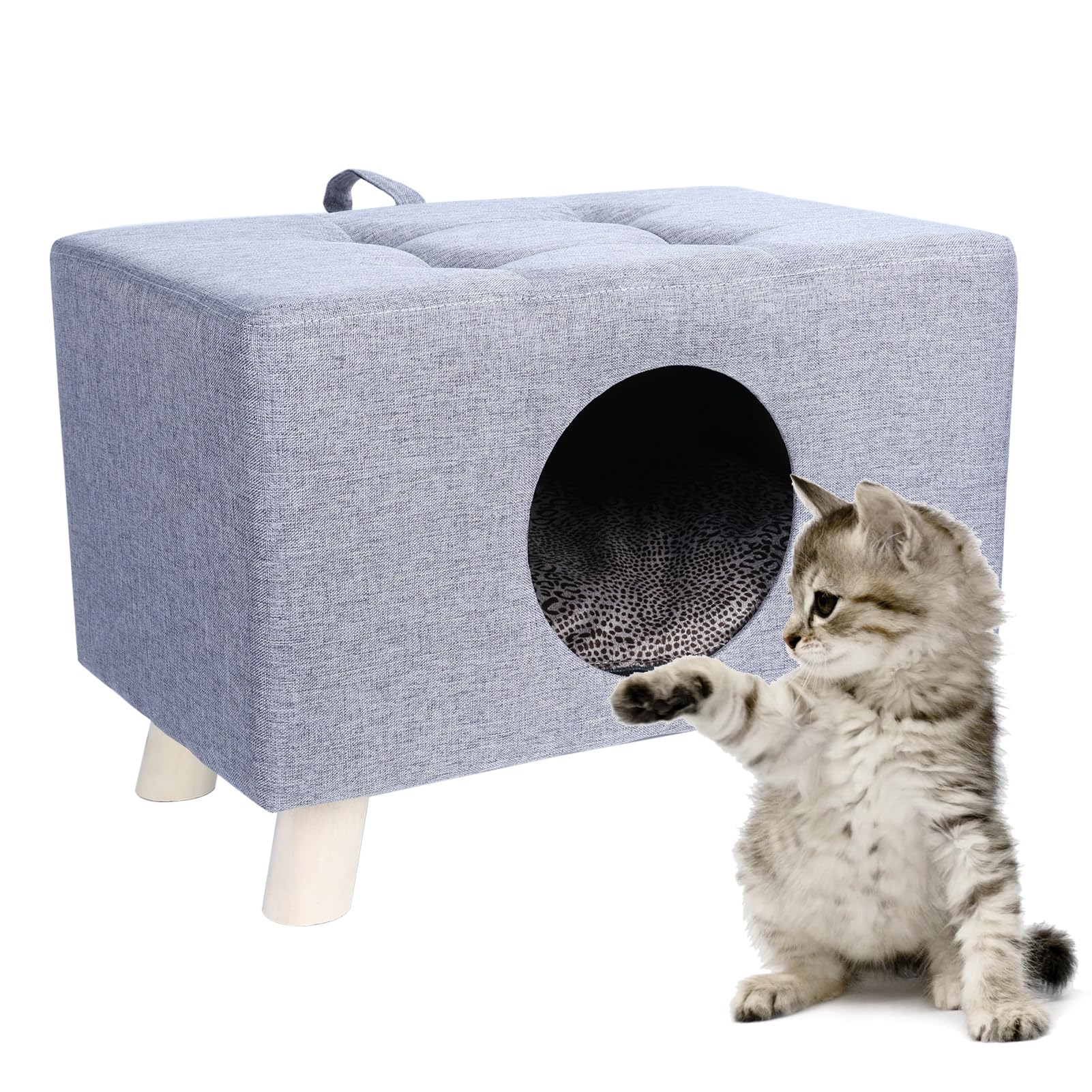 Nido di Gatto per Animali Domestici, Panche Gatti Indoor Casa Cubica in Legno 200 kg, Grotta con Tappeto, Poggiapiedi, Sgabello Cuscino e Piccoli 1 Set