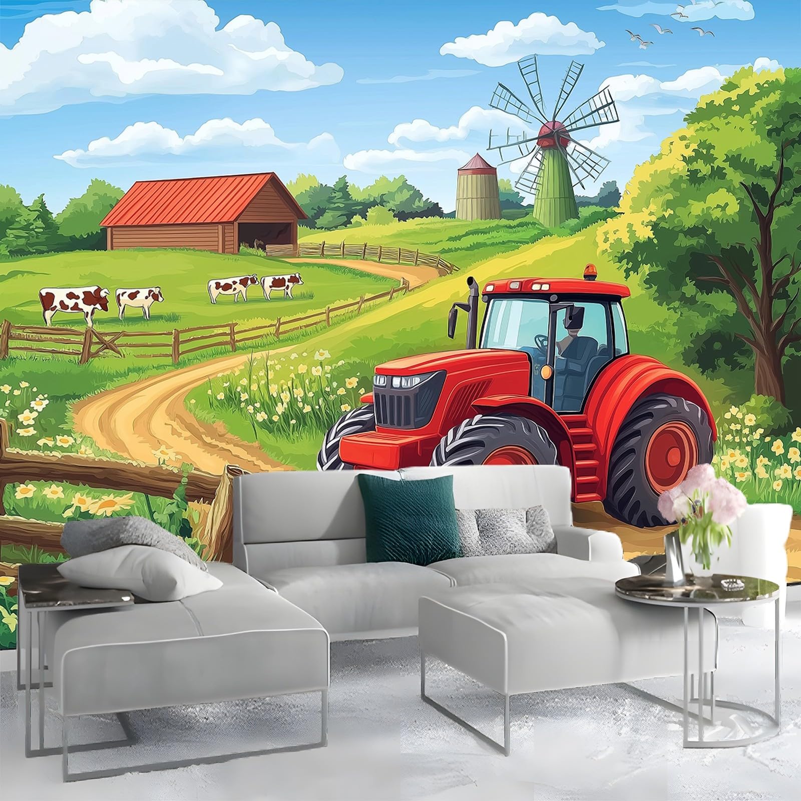 Papel pintado no tejido Tractor De Dibujos Animados Granja Revestimiento de paredes decoración salón dormitorio 350 x 256 cm Decoración de carteles gigantes Verde para salón Habitación infantil