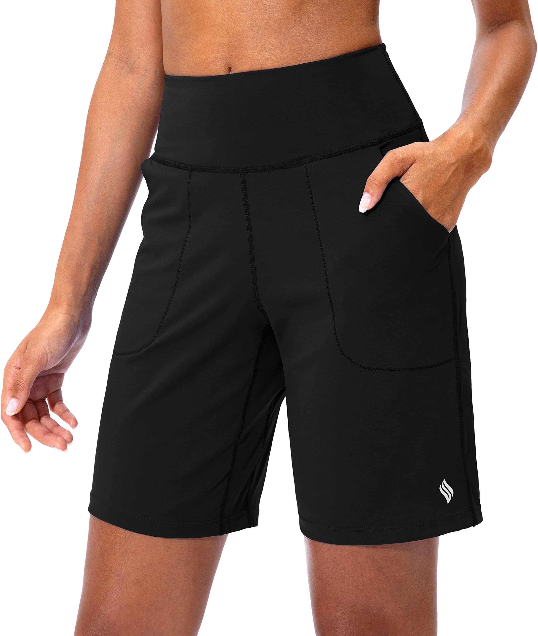 SANTINYBermuda Shorts for Women with Zipper Pocket Womens High Waisted Long Shorts for Running Workout Athletic