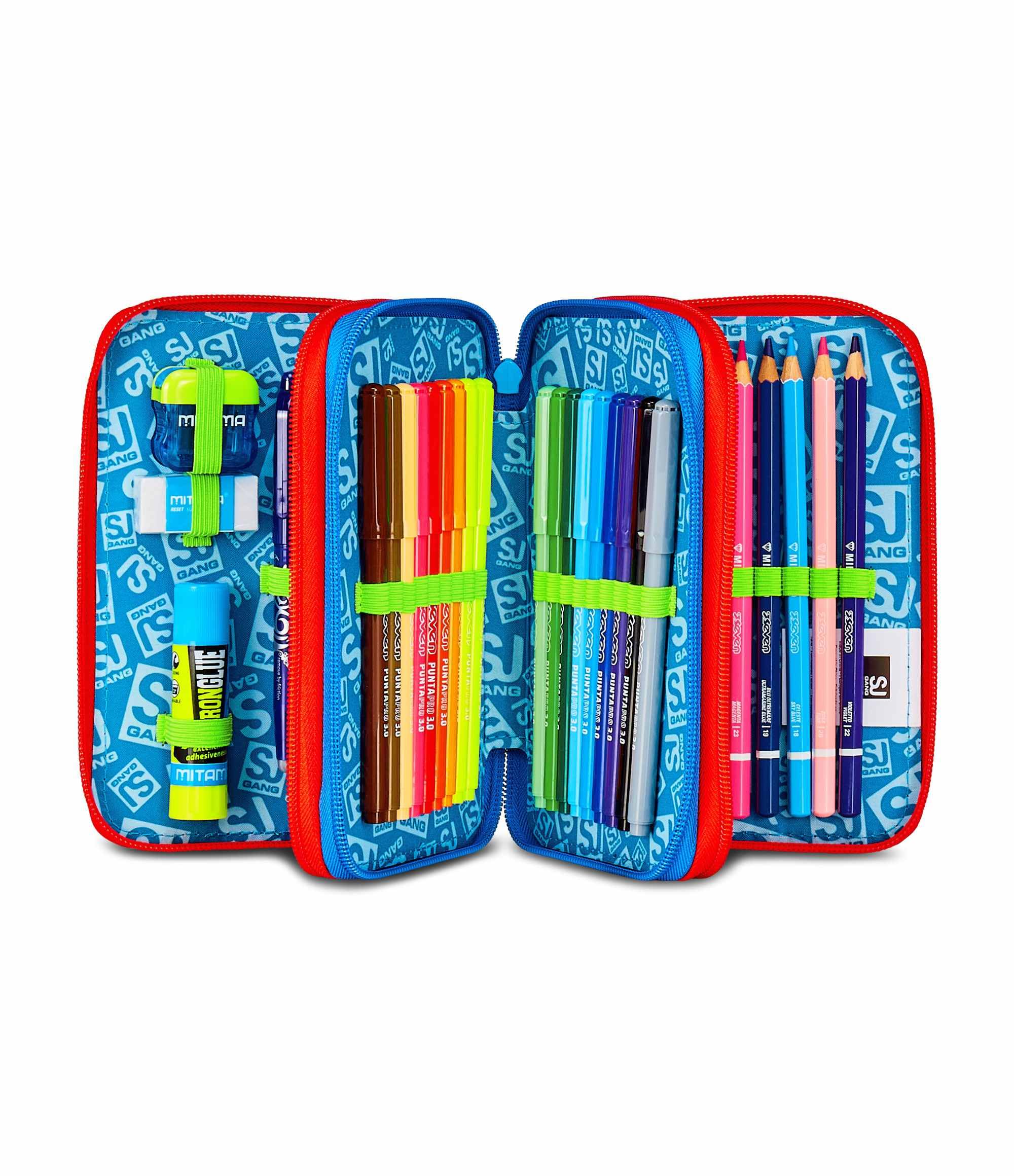 SJ GANG STYLE JAM GANG Astuccio Scuola 3 Zip,Blu, Portapenne Triplo Scomparto Completo Di Penne, Matite, Colori, Accessori Zaino, Scuola Elementare, Bambino