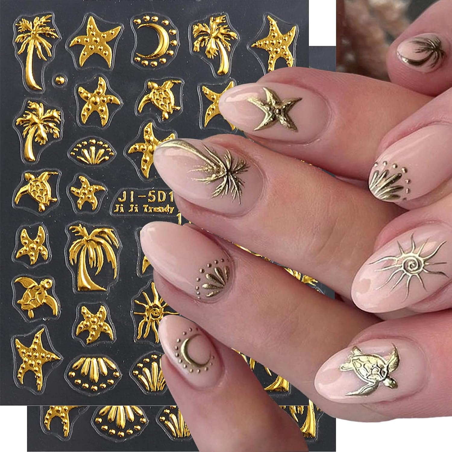Summer Beach Nail Stickers for Nail Art, 5D Embossed Gold Nail Decals Cute Starfish Turtle Palm Tree Nail Design Manicure Sliders Self Adhesive Summer Tropical Beach Nail Art Decorations Supplies