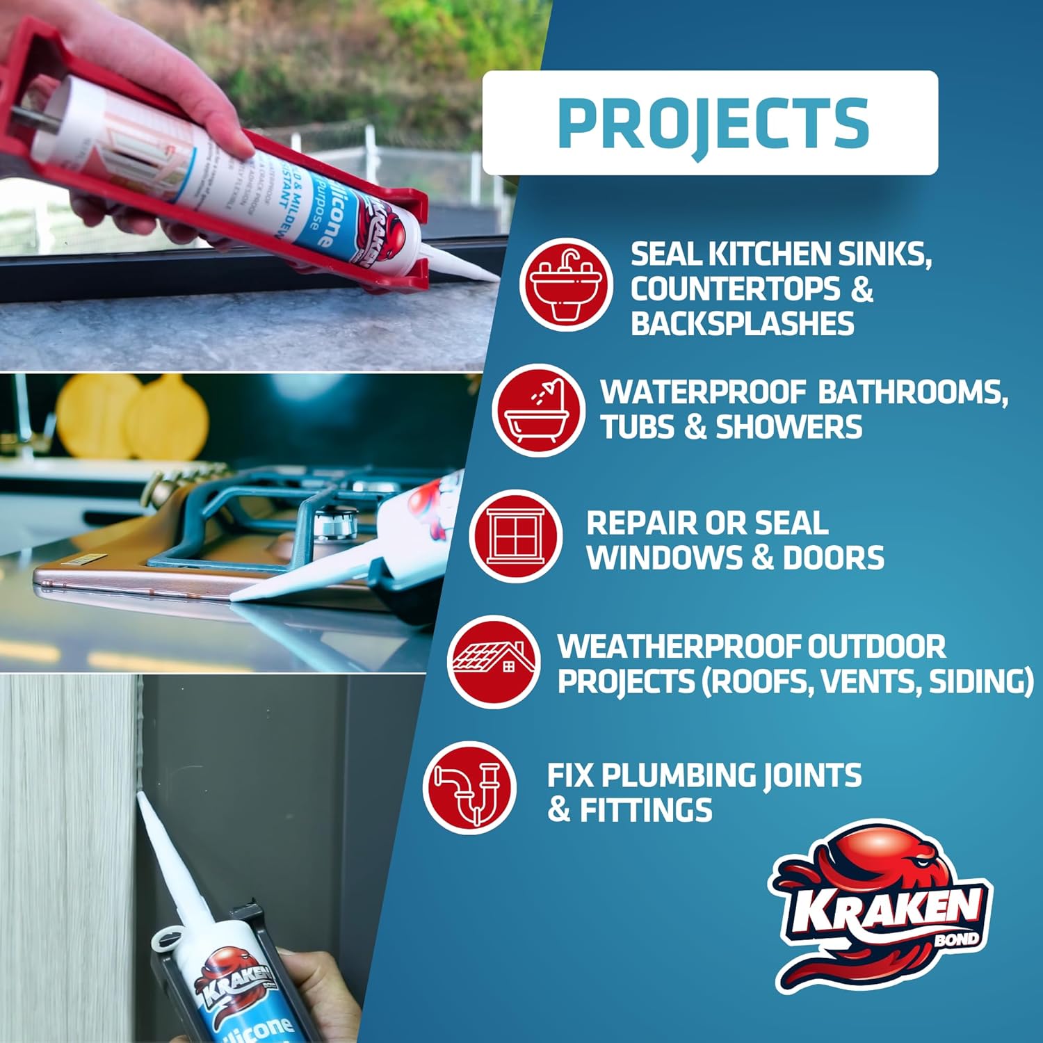 Kraken Bond Gray Silicone Sealant Waterproof%100-10 fl oz Cartridge - RTV Silicone Caulk Bathroom and Kitchen, All Purpose, Window Caulking Sealant Outdoor, RV, Exterior Use Silicon - 24 Pack