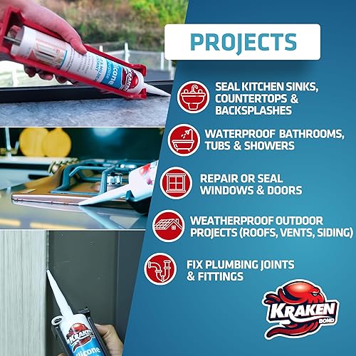 Miniatura 4 de Kraken Bond RTV - Calafateo de silicona gris  (1 x 10.1 onzas líquidas) 100% gris para cocina y baño, calafateo impermeable para tina, calafateo de