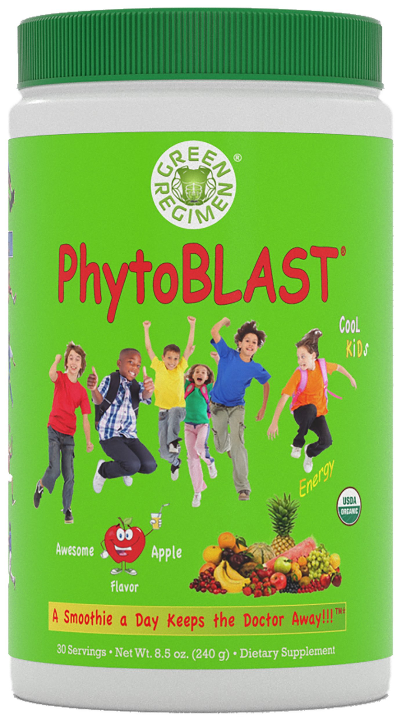 Green Regimen - PhytoBLAST (Apple Flavor) - Organic Multivitamin Smoothie with Omega 3 - Green Powder SuperFood. 20+ Fruits and Vegetables per serving - Includes Recipe Book. Delicious Green Smoothie.