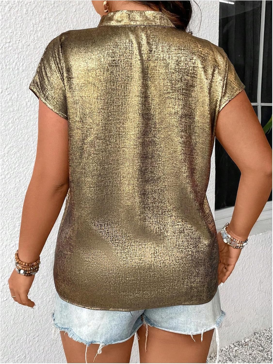 MakeMeChic Women's Plus Size Blouse Metallic Notched V Neck Short Sleeve Summer Shirt Top - Image 2