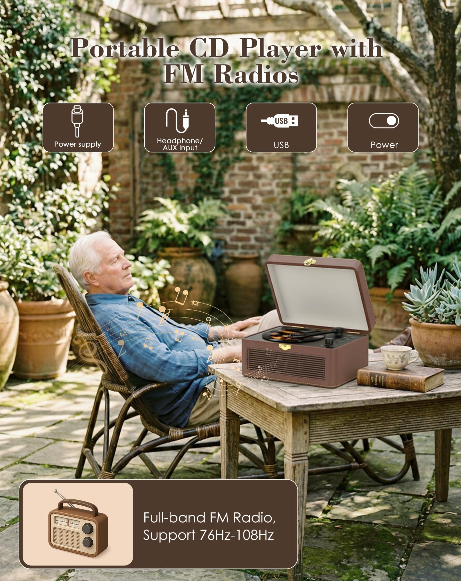 Reproductor de CD portátil con Bluetooth, Radio Retro PU Marrón