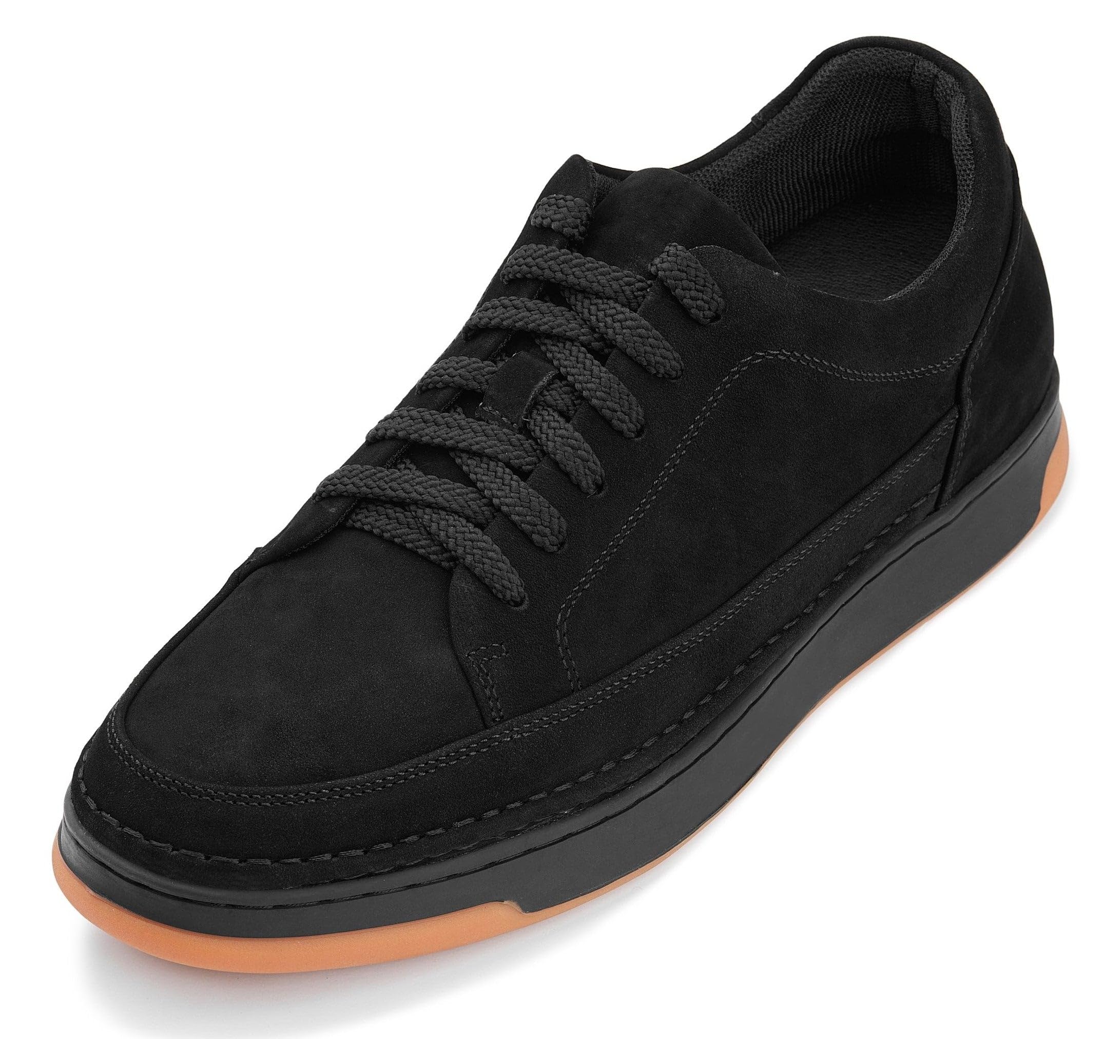 CALTO Men's Invisible Height Increasing Elevator Shoes - Noir Suede/Black & Gum Sole Premium Suede Leather Lace-up Fashion Sneakers - 2.6 Inches