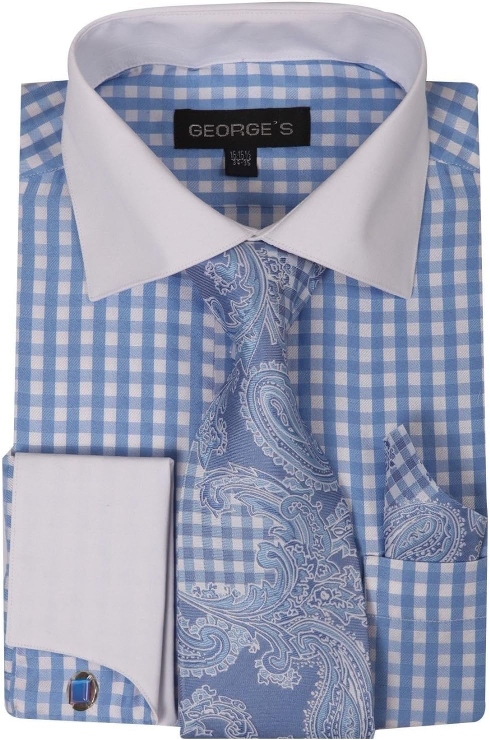 Fortino Landi Gingham Check Fashion Dress Shirt w/Tie Set, French Cuff & Cufflinks AH6155