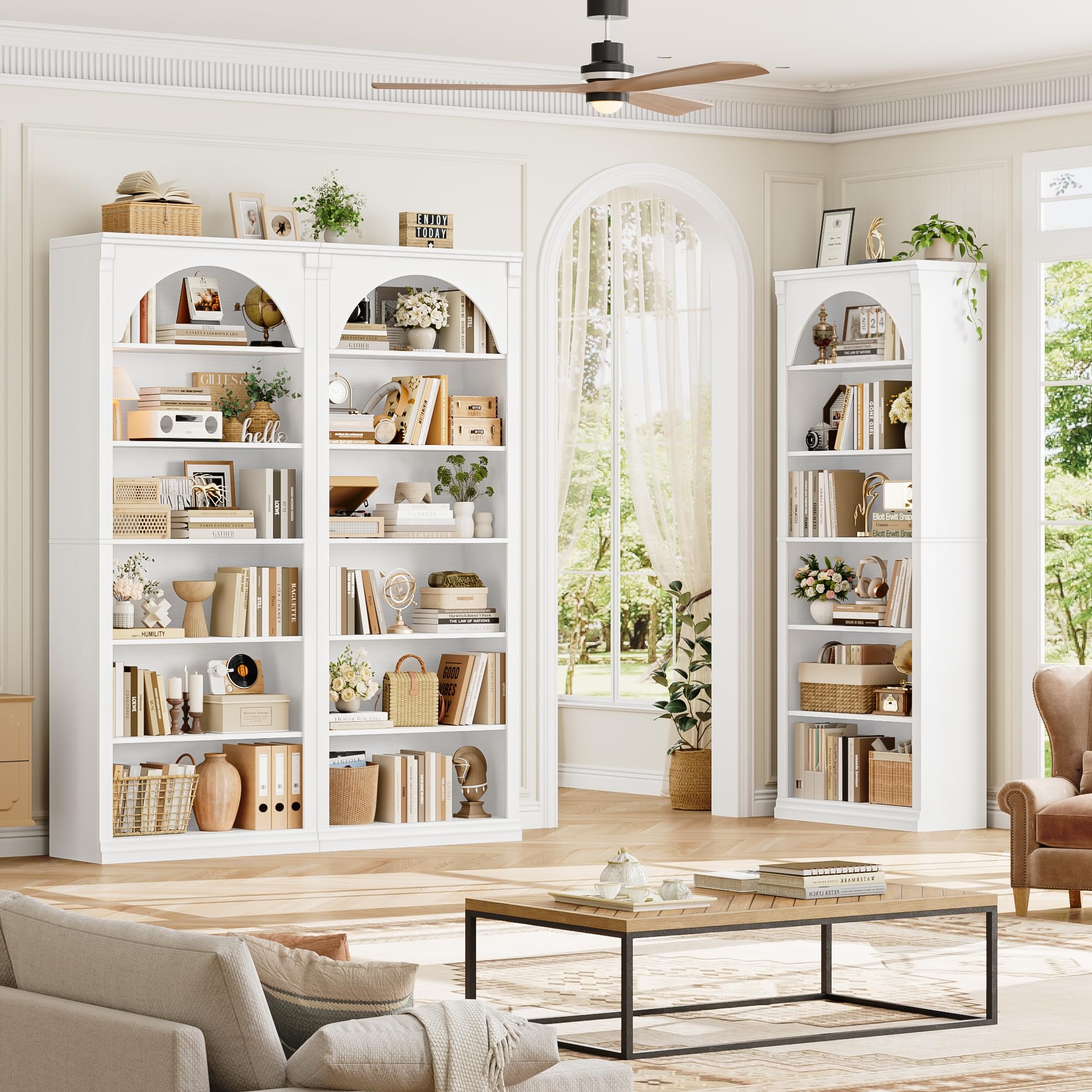 FirFurd Libreria Verticale, Libreria da Arco a 6 Ripiani, Scaffale Portaoggetti con Scomparti e Ripiani Aperti, per Soggiorno, Ufficio, Studio, Camera da letto, 75x27.7x186cm (Bianco)