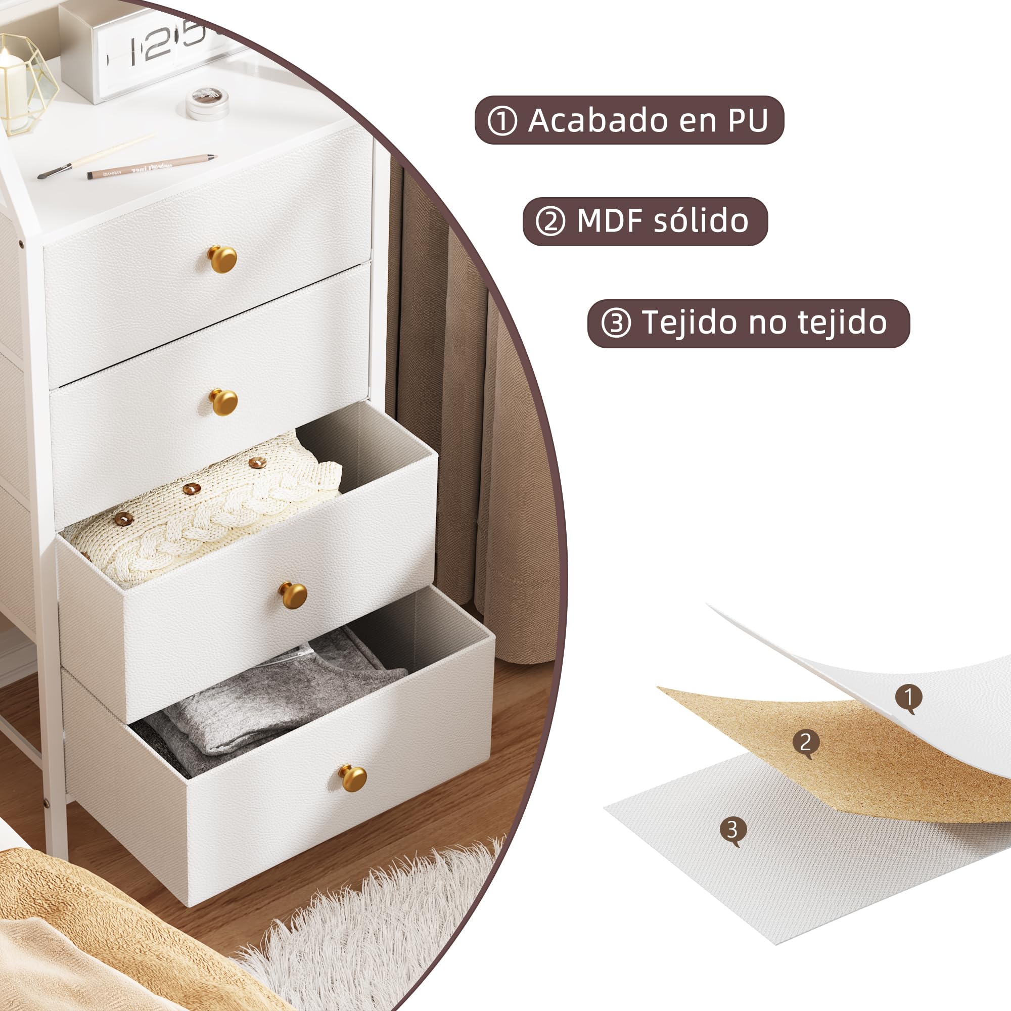 Cómoda Dormitorio con Espejo Ajustable, Cómoda de 4 Cajones de Tela, Sinfonier Dormitorio Alto, Cómoda Alta para Dormitorio, Entrada, Pasillo y Salón, 39 x 28 x 148 cm, Blanco