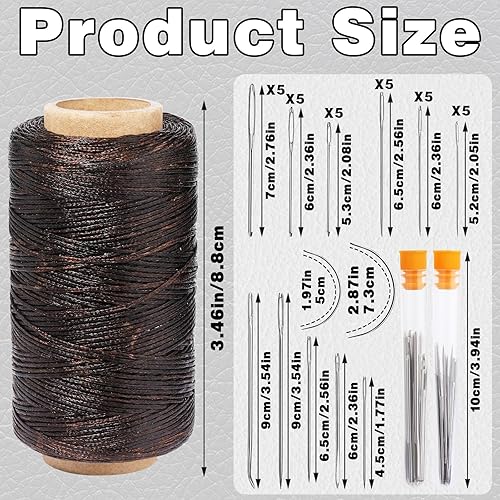 Miniatura 2 de Hilo encerado, hilo encerado de cuero, color café oscuro, hilo encerado de 820.2 ft con agujas de coser a mano de cuero, dedal, para manualidades de