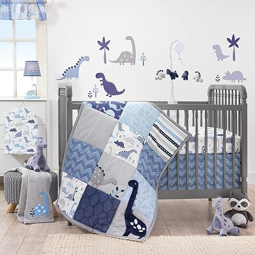 Bedtime Originals Roar - Juego de ropa de cama para cuna de 6 piezas, azul, gris, blanco, animales