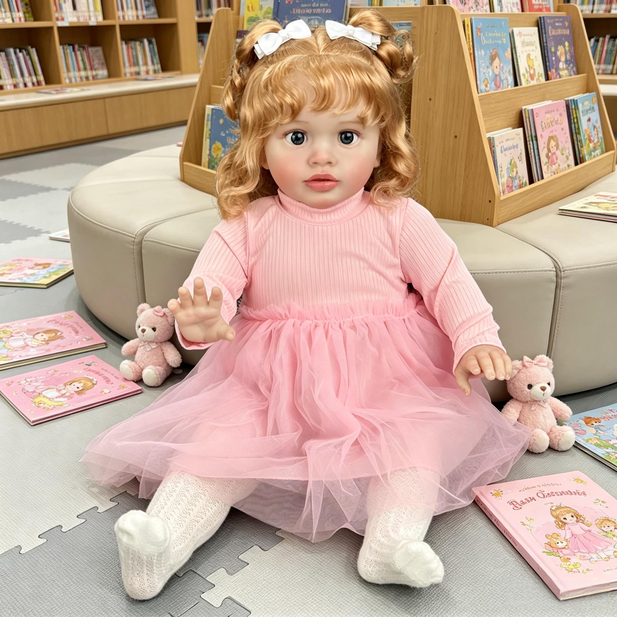 Reborn Kleinkind Puppe Mädchen Pippa 26 Zoll Big Size Reborn Babypuppen mit blondem lockigem Haar Realistische Babypuppe Tuch Körper Lebensechte Kleinkind Babys Puppen mit Prinzessin Kleid