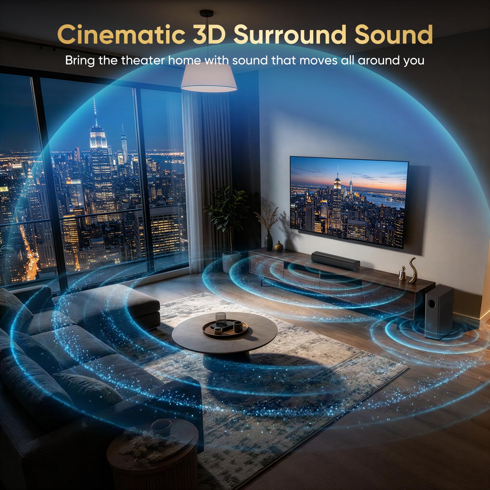 Barra de sonido de 70 W con subwoofer para TV, barra de sonido compacta de 14.2 pulgadas de 2.1 canales con graves profundos, Bluetooth 5.3, óptico/AUX, sistema de altavoces de cine en casa