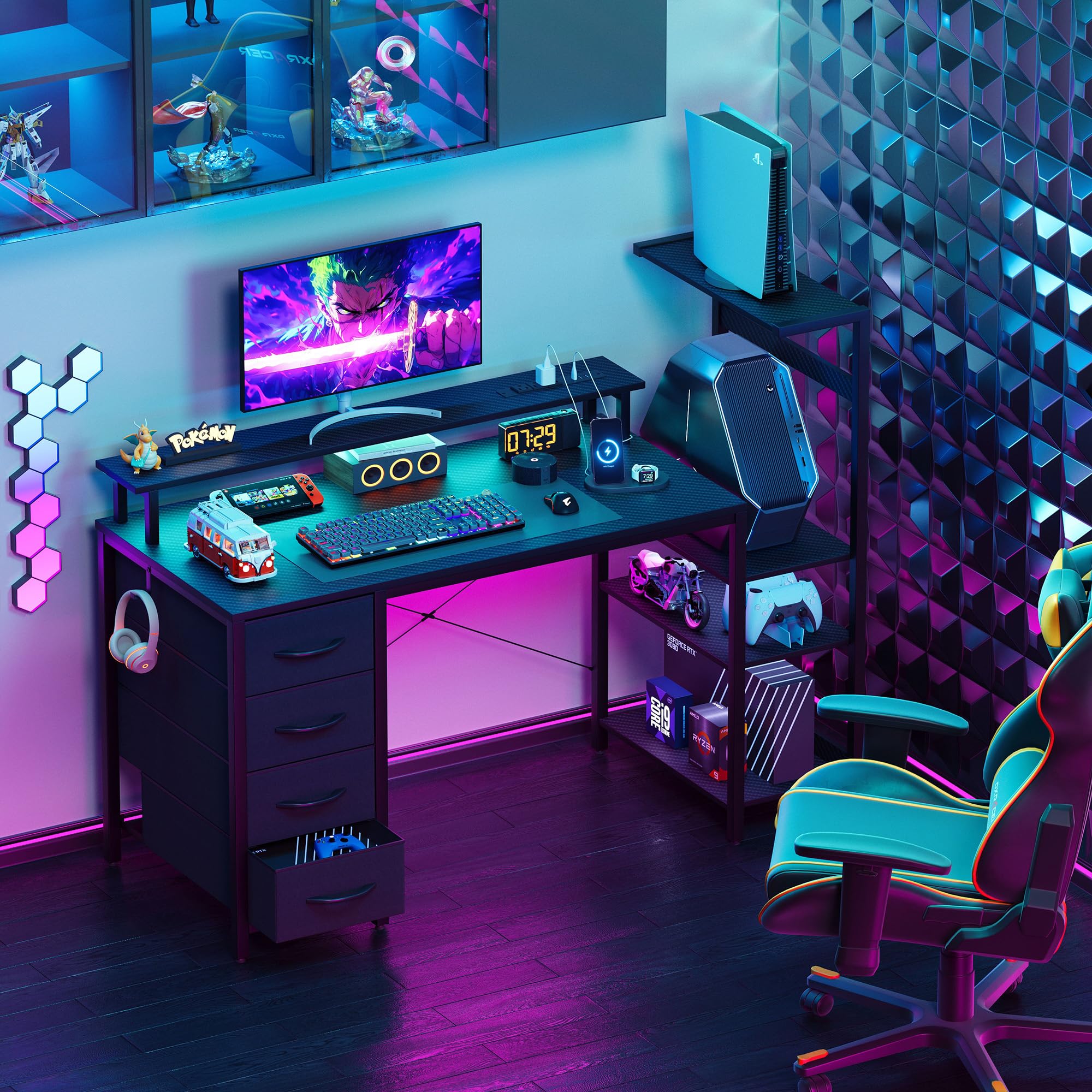 YOUDENOVA Bureau gaming avec 4 tiroirs en tissu, 130 x 48 cm, bureau d'ordinateur réversible avec LED et prise, bureau avec support moniteur, port USB, table PC pour home office et gamers, noir