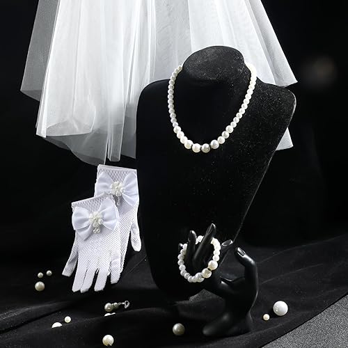 Miniatura 7 de Bencailor Juego de 5 piezas de velo de primera comunión para niñas, guantes de encaje con peine para el cabello, collar de perlas y aretes