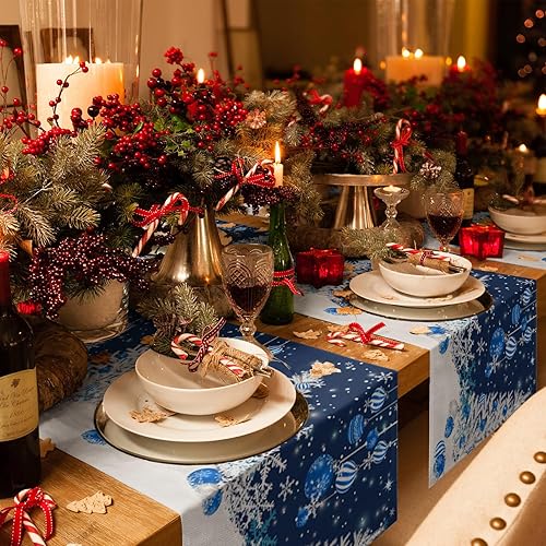 Miniatura 4 de Camino de mesa de lino y algodón de Feliz Navidad, bola de Navidad azul, árbol de Navidad, copos de nieve, caminos de mesa de Navidad para mesa de