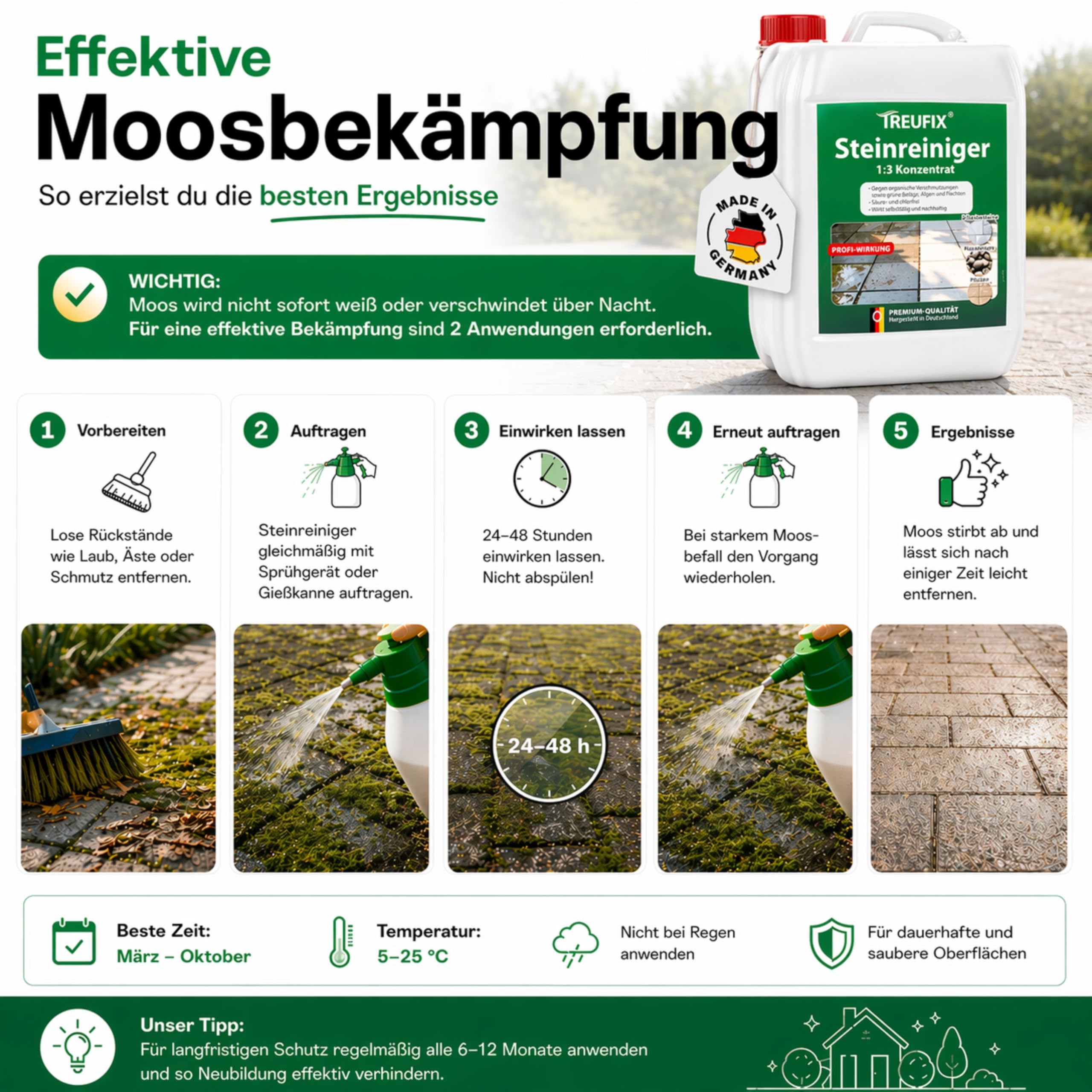 Treufix Steinreiniger Konzentrat 5L für Pflastersteine & Terrasse | Profi Steindusche Hof & Wege kraftvolle Reinigung gegen Schmutz, Algen, Grünbelag & organische Verschmutzungen – Made in DE