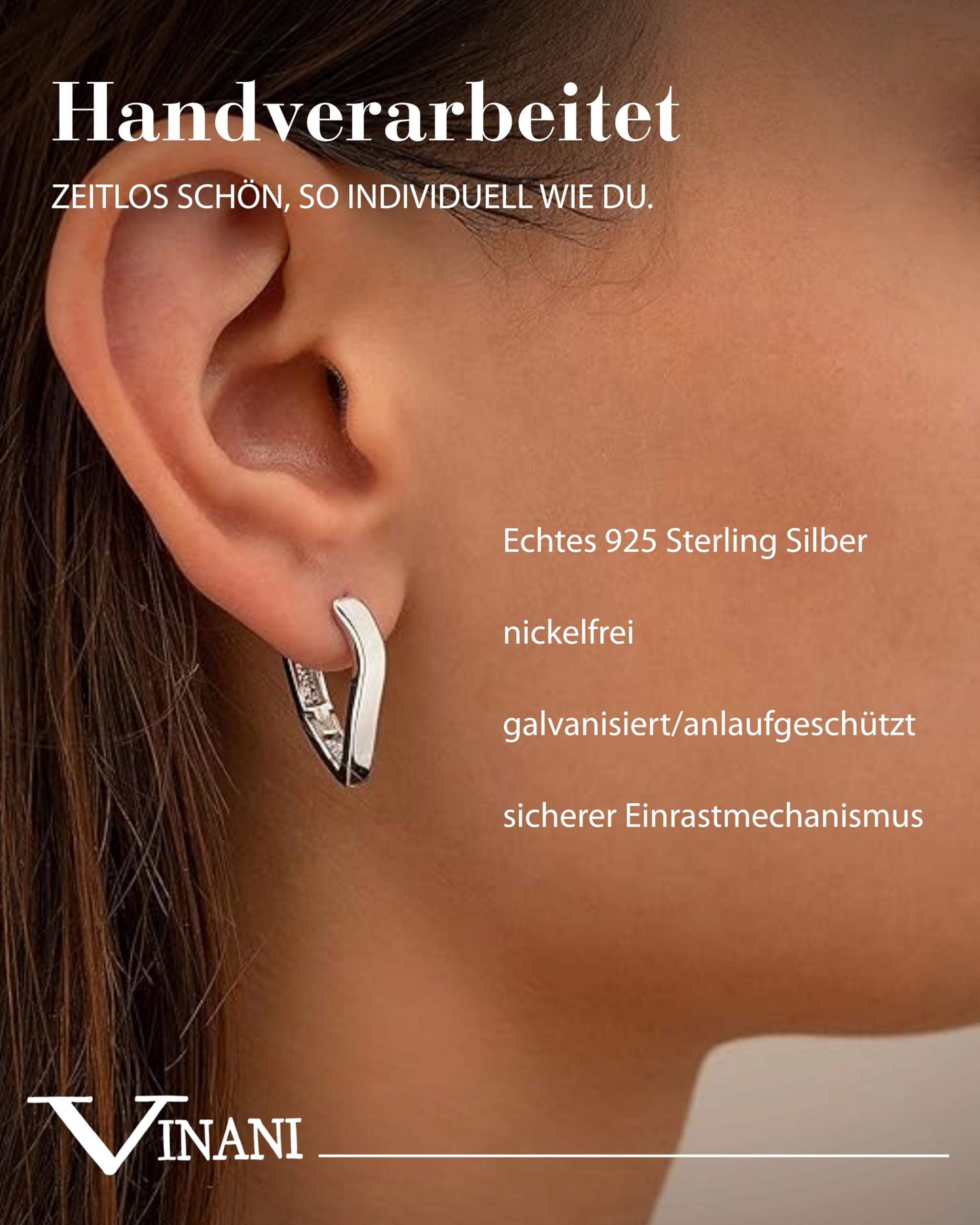 Vinani Damen Ohrringe 925 Silber - Klapp Creolen Ohrring Set für Frauen V-Form mittel geschwungen glänzend aus rhodiniertem 925 Sterling Silber 2CKC