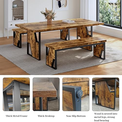 Miniatura 5 de Mesa de comedor de madera de 70.8 pulgadas con 2 bancos, mesa de cocina moderna y sillas para 4-6 personas, mesa de madera MDF gruesa con banco de