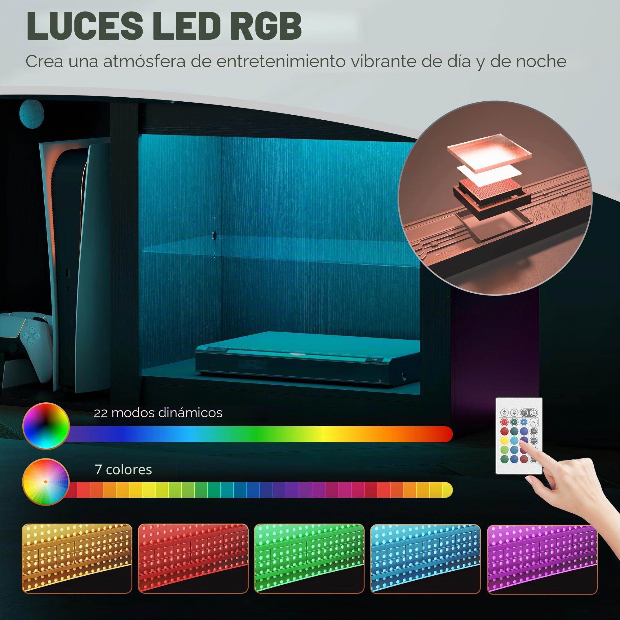 HOMCOM Soporte de TV LED RGB Banco de Madera para TV de hasta 65" con Estantes de Cristal Ajustables, 5 Nichos, Gestión de Cables y Mando a Distancia para Salón, Dormitorio, Negro, 160 x 35 x 53 cm